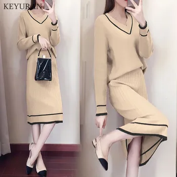 

Fashion Autumn Winter New Striped V-Neck Long Sleeve Women Knitted Jumper Tops Knit Two Piece Sets Female Tracksuit Dress Suit