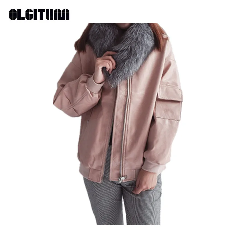 

New 2018 Autumn Winter Women Basic Jacket Korean Style Solid Color Oversize Ladies Silhouette PU Leather Jacket Pink Black JK611