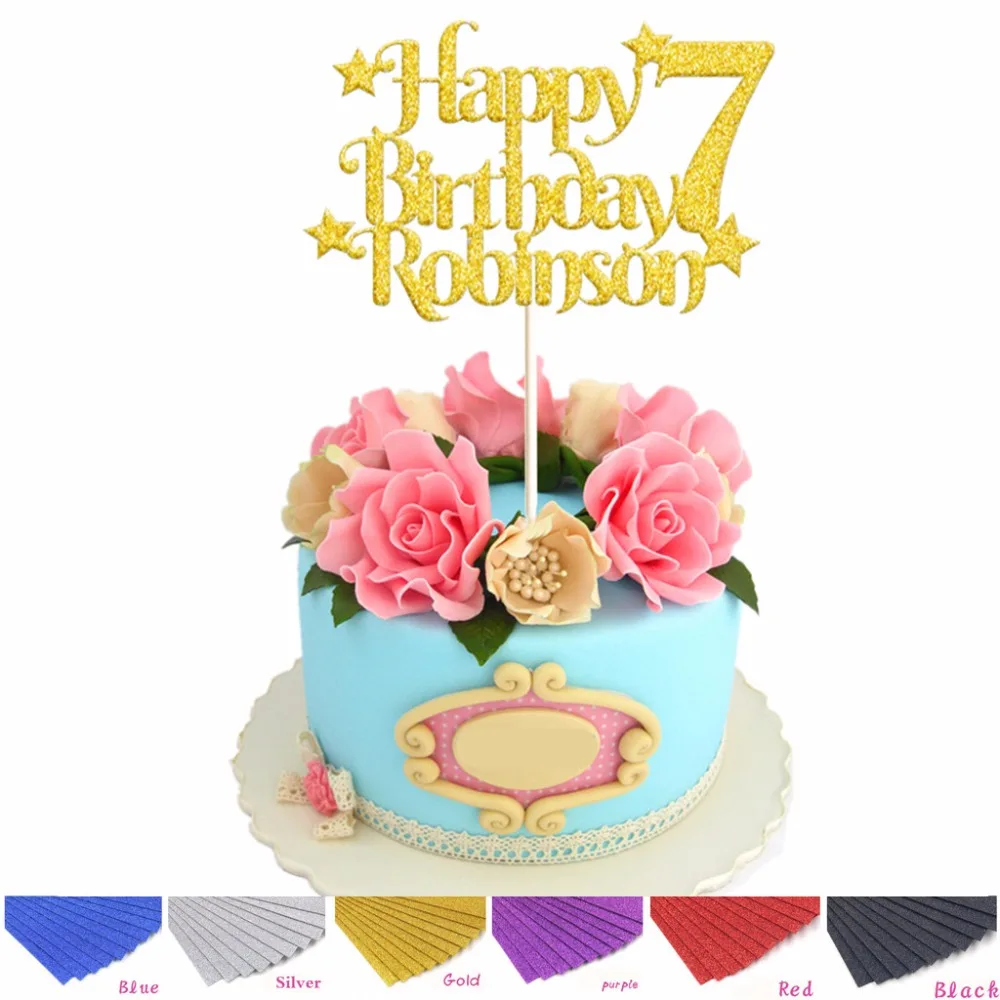 

Personalised Custom Age Name Happy Birthday Cake Topper in Glitter Silver Gold kids Birthday Decorations