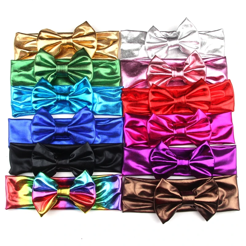 Блеск галстук-бабочка цвета металлик головная повязка для девочек новые Однотонные резинки для волос аксессуары для волос Детские 4 ''большой бант повязка на голову для волос