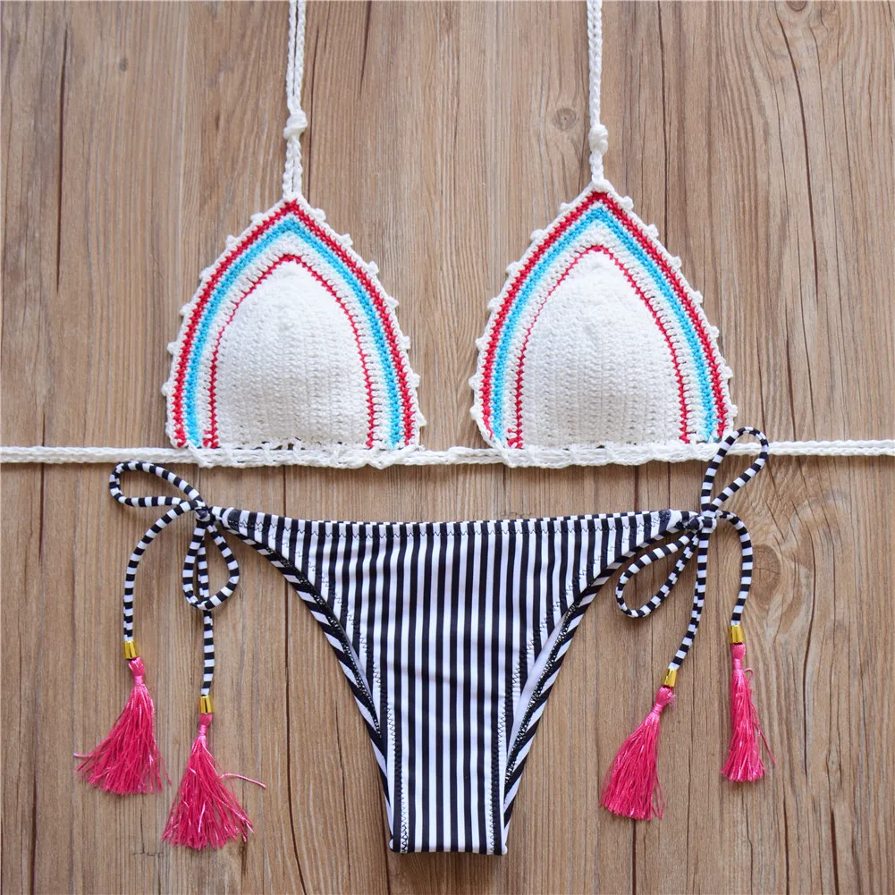 black white stripes bikini alluncinetto canotta halter bikini strappy crochet costumi da bagno retr