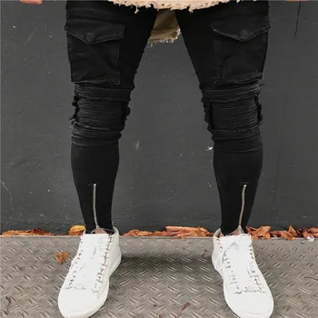

Zippers Jeans for Men Hole Denim Jeans Men Fashion Streetwear