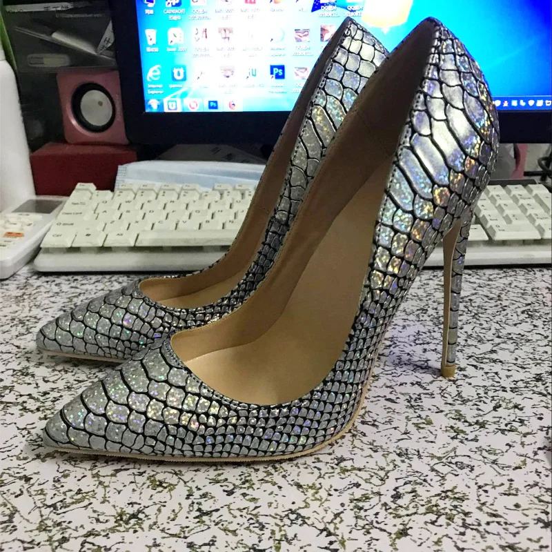 2018 fall new women's shoes, silver shimmers, high heels, snakeskin and 10cm shoes.