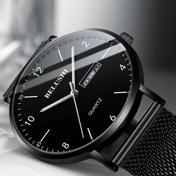 

2019 Men Watch Ultra Slim Steel Mesh Quartz Wristwatch Dual Calendar Simple Black Clock Male Hodinky Man Watch Relogio Masculino