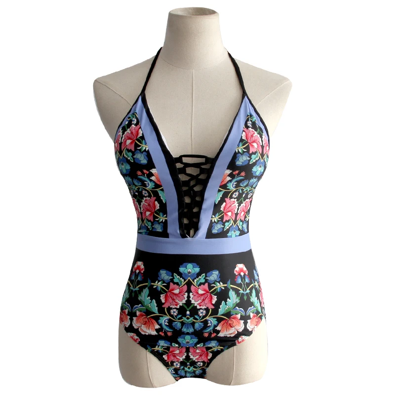 MIN QILIN Straps Bandage Bathing Swimsuit Side Front With Cross Straps To Tie Padded Cups Push Up Plunge Printed Bodysuit MIN QILIN Straps Bandage Bathing Swimsuit Side Front With Cross Straps To Tie Padded Cups Push Up Plunge Printed Bodysuit