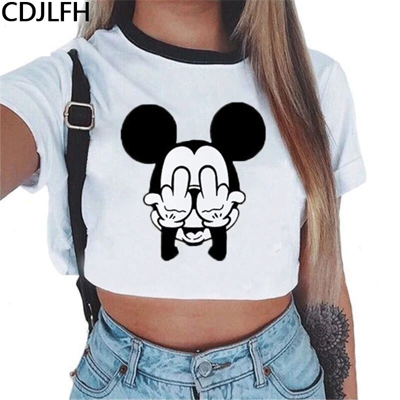 

2019 Summer Crop Top T Shirts Women Harajuku Kawaii Mouse Shy Expression Printed Tees Shirt Femme Tops Streetwear Women's Shirts