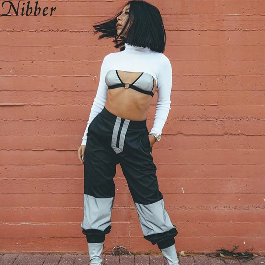 

Nibber Zipper Split Elastic High Waist Long Pants Patchwork Reflective Loose Harem Pants Casual Fashion Trousers Sexy Pantalon