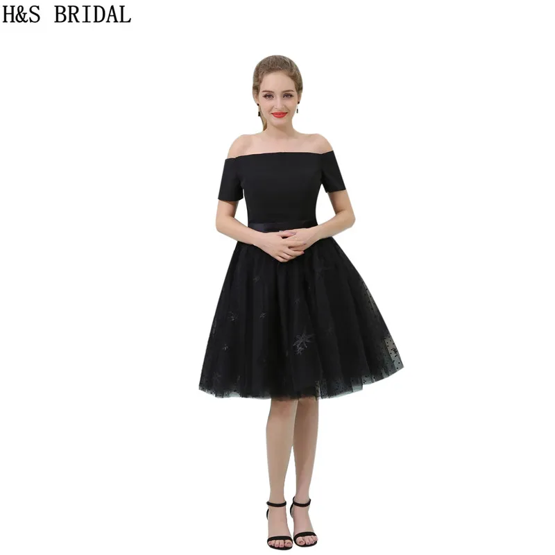 H&S BRIDAL Boat Neck Short Sleeve cocktail dresses Backless Black