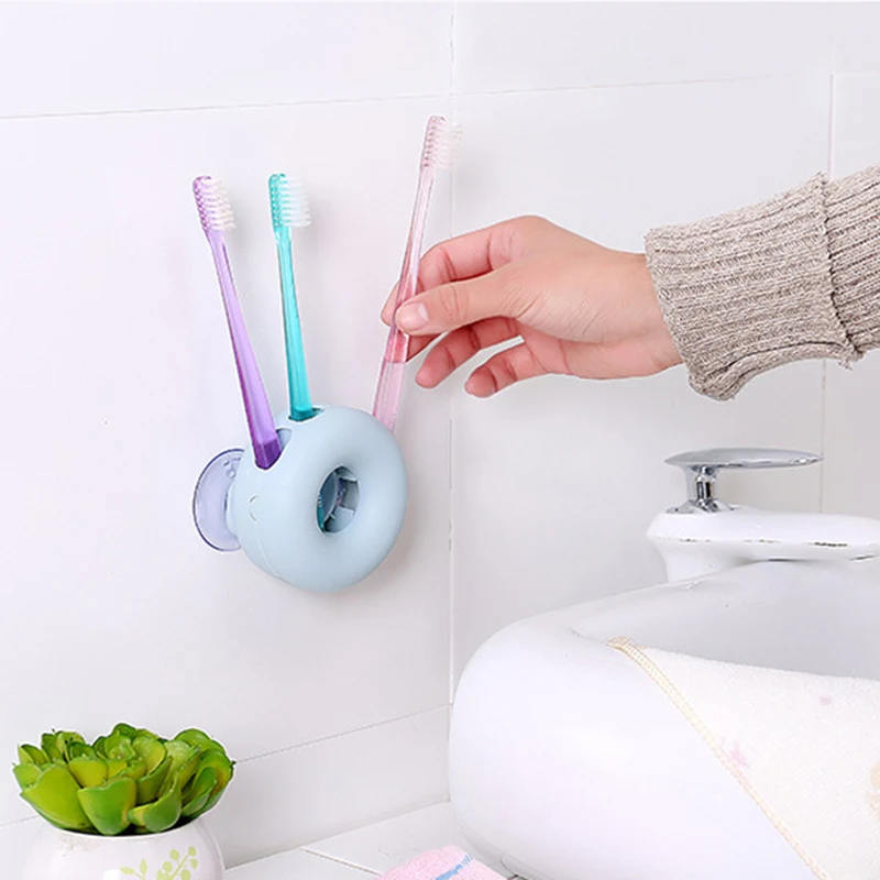 

Cute doughnut Toothbrush Holder Bathroom wall mounted sucktion Cup Tooth brush set 4 holes Organizer Donut design