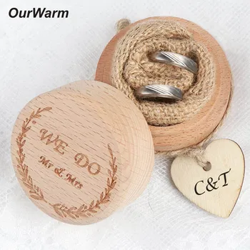 

OurWarm Vintage Wood Jewel Box Mr Mrs Keepsake Gifts Box Rustic Wedding Bearer Ring Box Holder with Heart and Rope