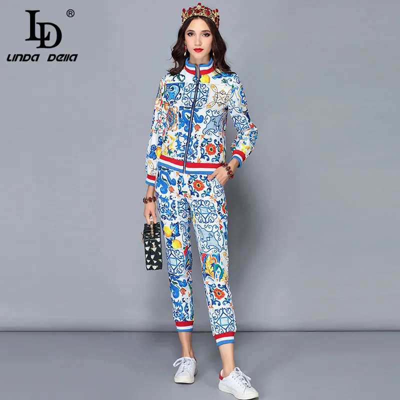 

LD LINDA DELLA Runway Designer Autumn Winter Pants Two Pieces Sets Women's Long Sleeve Jackets + Floral Print Vintage Pants Set