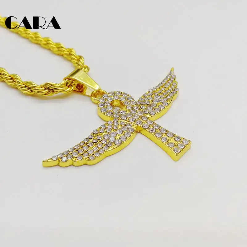 

CARA New Iced Out Bling Bling rhinestones wings Ankh cross necklace pendant Full cz stones Egyptian life cross necklace CARA0412