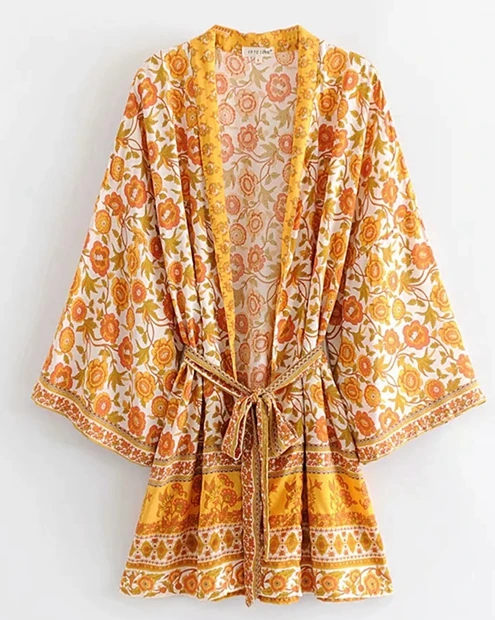 Everkaki Gypsy, цветочное кимоно, пальто, женские блузки, топы, хлопковые блузки, пальто для женщин,, богемная Женская одежда с поясом, осень