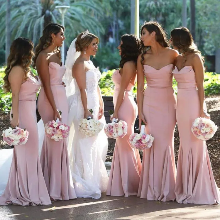 

Mermaid Long Pink Bridemaid Dresses 2019 Sweetheart Satin Prom Dresses Wedding Party Gowns