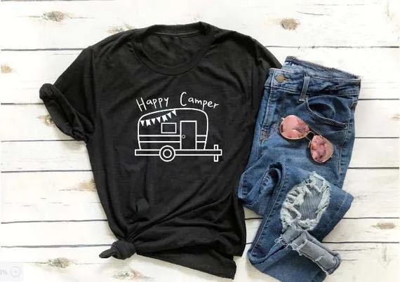 Happy Camper Женская графическая футболка с надписью летняя забавная Camisetas топы для