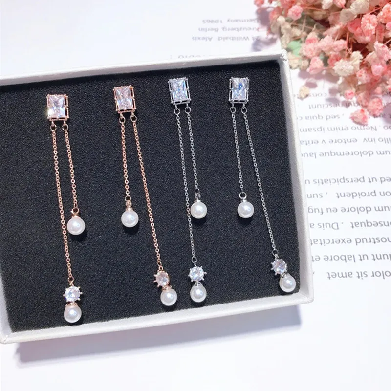

New Japanese Korean Shiny Square Crystal Long Tassel Charm Simulated Pearl Pendientes Earrings for Women Fashion Jewelry EC1333