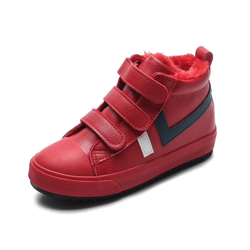 Зимние детские ботинки брендовые теплые кожаные кроссовки для мальчиков и девочек модная обувь детская повседневная обувь плюшевая нескользящая спортивная обувь - Цвет: Красный