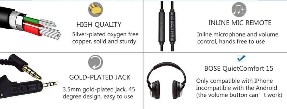 OFC Replacement Stereo Audio Aux 3.5mm Cable Extension Wire Cord For Bose QC15 QC2 QuietComfort 15 2 Headphones
