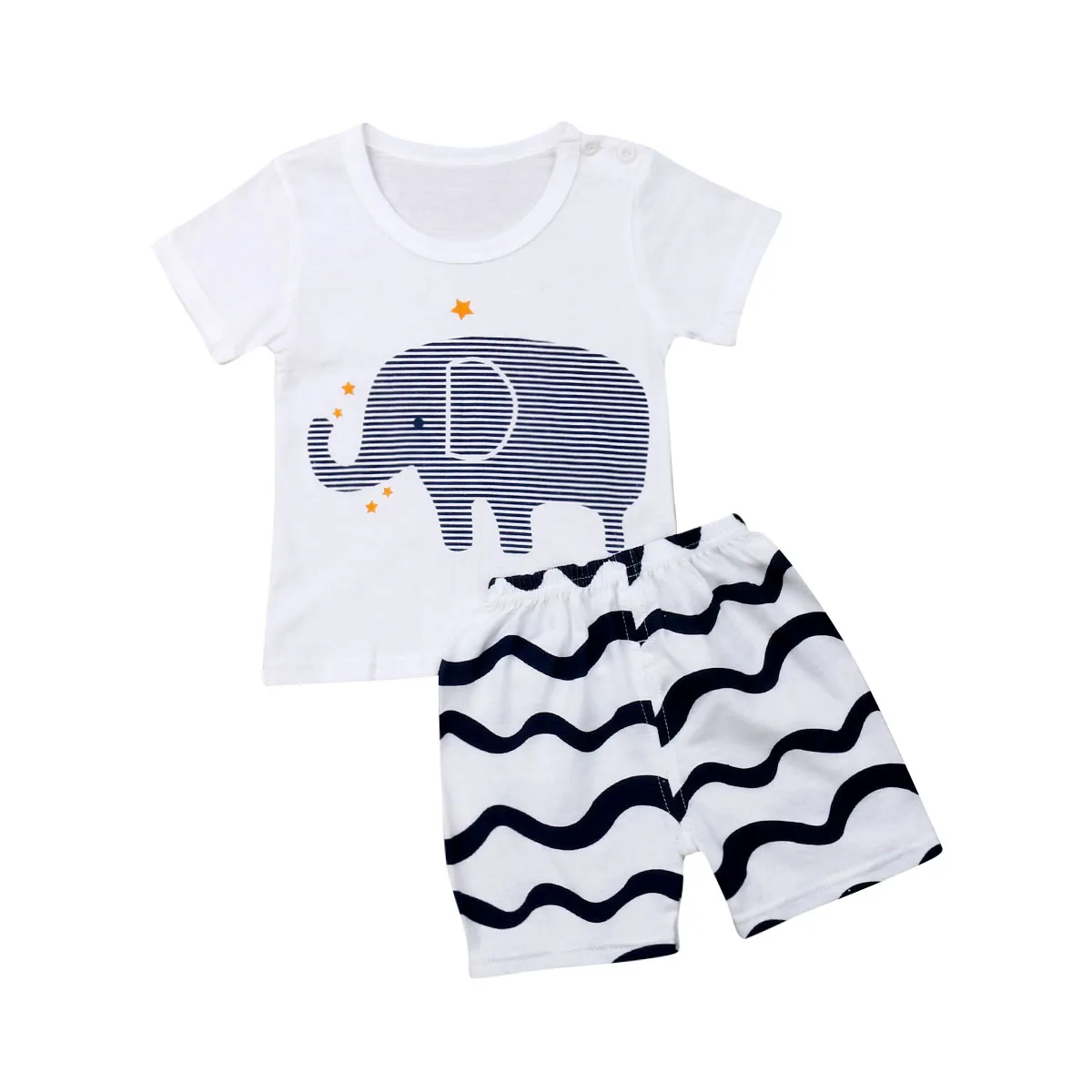 

New Summer Kids Baby Boy Clothes Short Sleeve Cartoon Animal Print T-shirt Tops Striped Shorts Pants 2PCS Set Size 0-5 Y