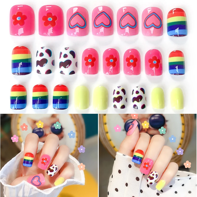 

24Pcs Fashion Cute Girls Acrylic Rainbow Flower Fake Nails Tips Flower Pattern Decorated For UV Gel Nail Art Accessories Kit