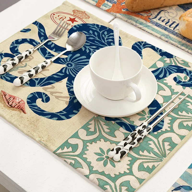 Sea Animal Cotton Linen Octopus Turtle Conch Print Table Pads Dishware Placemats For Dinner Kitchen Accessories Coaster Wine Mat