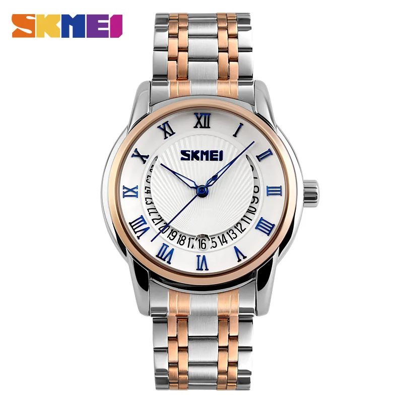 

SKMEI Fashion Men Bushiness Watch Fashion Stainless Steel Gold Quartz Style Wristwatch Folding Clasp with Safety Time Clock