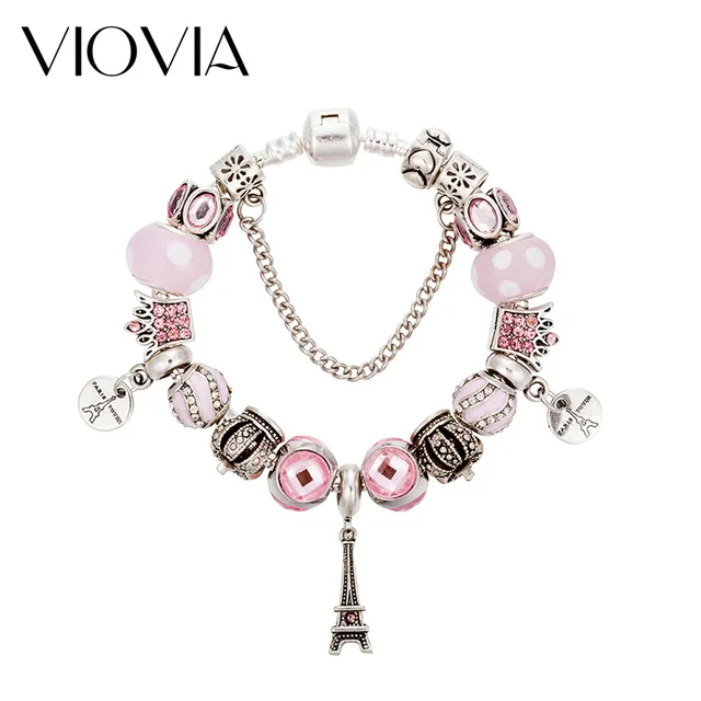 Viovia Pink Crystal Crown Beads Eiffel Tower Charm Bangles Viovia Pink Crystal Crown Beads Eiffel Tower Charm Bangles Bracelets With Safety Chain Bracelet For
