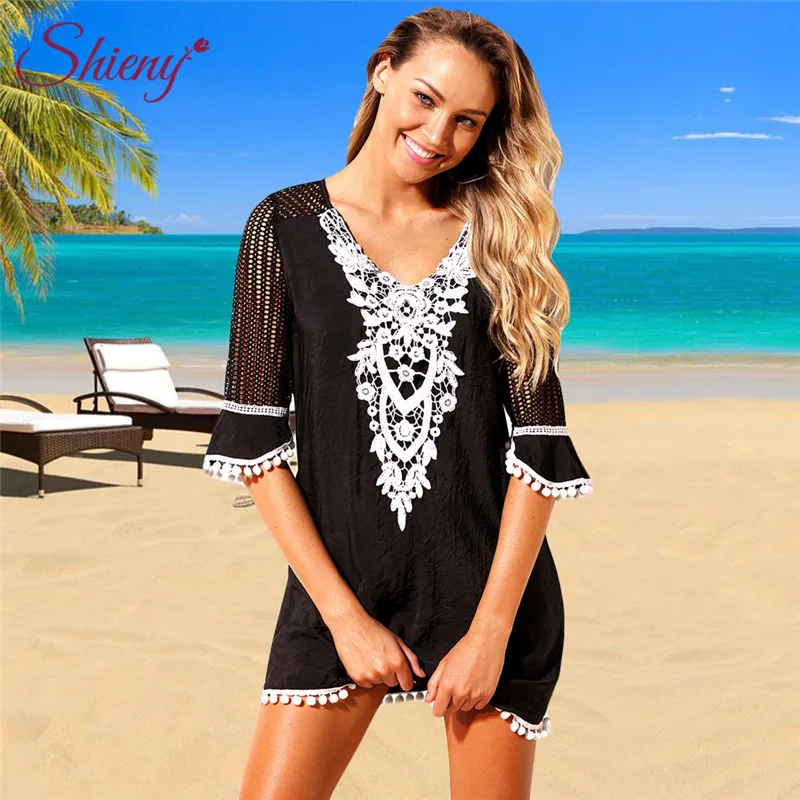 

Shieny Crochet Lace Patchwork Sexy Black Beach Dress Summer Hollow Out Swimwear Coverups Women Hair Ball Hem Bathing Suits