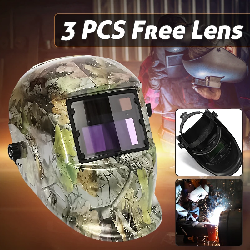 

FORGELO Pro Forest Camo Adjustable Solar Powered Auto Darkening Solar Welders Welding Helmet Mask +3 Replacement Lenses