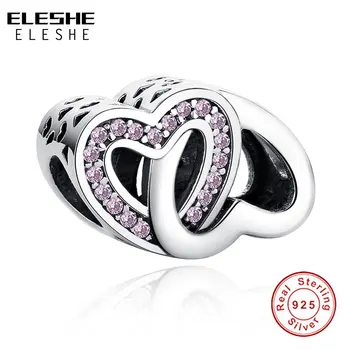 

ELESHE 100% 925 Sterling Silver Heart-to-Heart Crystal CZ Beads Charms Fit Original Charm Bracelets DIY Jewelry Making