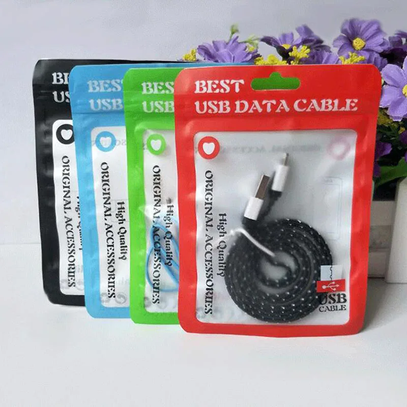 

200Pcs/Lot Zipper Package Bag For Micro USB charger data sync cable universal iphone 6 7 8 X Plus For Huawei P20 P10 Pro Mate9