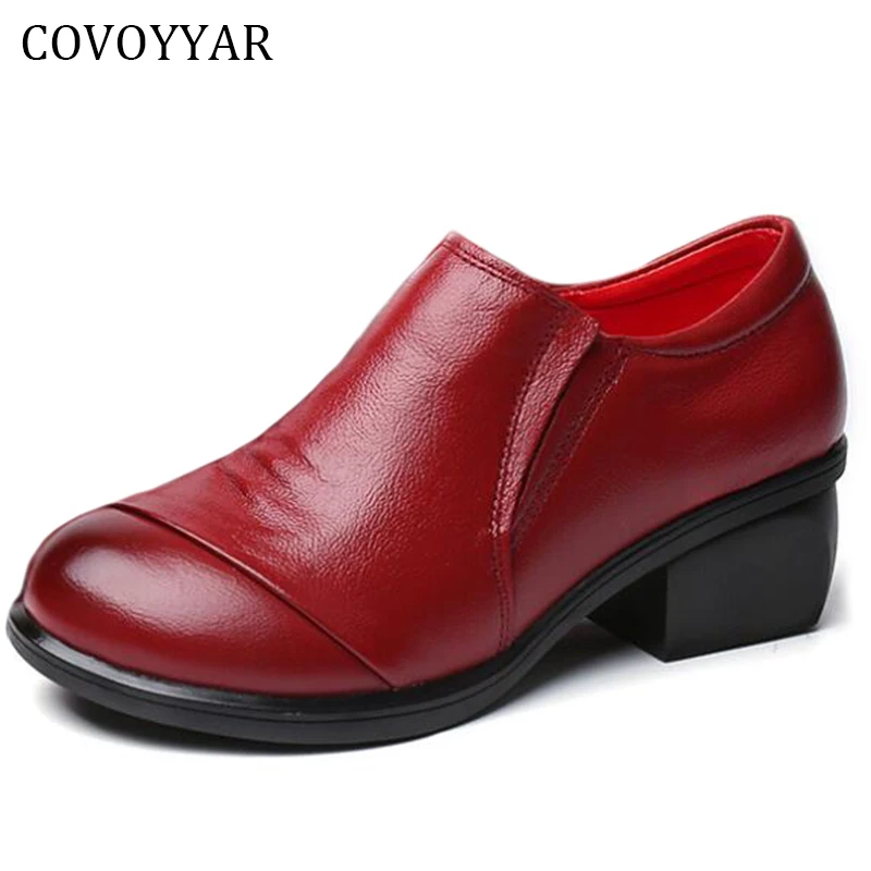 

COVOYYAR 2019 Pleated Genuine Leather Women Shoes Spring Autumn Soft Thick Heel Women Pumps Black Shoes Size 40 WHH551