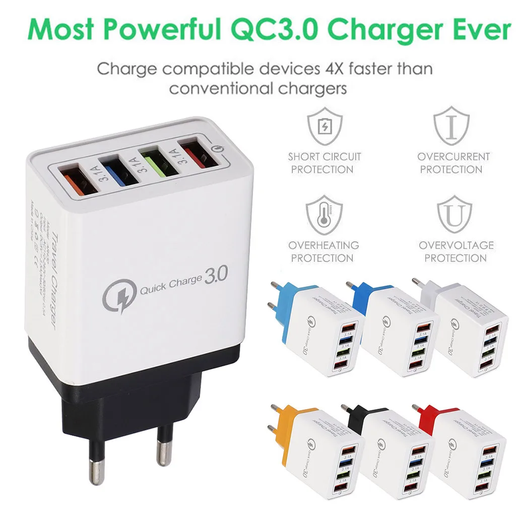Phone Socket Adapter EU Plug Wall Charger 5V 3.5A Fast Charging 4 Port Quick Charge QC 3.0 USB Hub EUPlug | Мобильные телефоны и