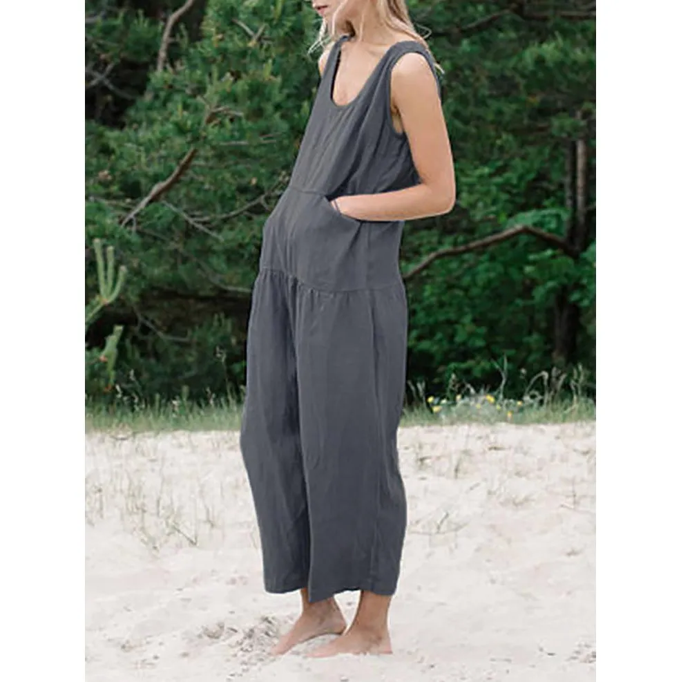 2019 Summer Women Sleeveless Jumpsuit Casual Solid Cotton Linen Rompers Loose Plus Size Wide Leg Jumpsuits 2019 Summer Women Sleeveless Jumpsuit Casual Solid Cotton Linen Rompers Loose Plus Size Wide Leg Jumpsuits
