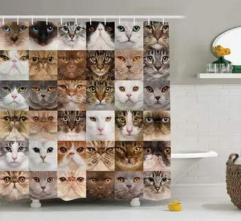 

Cat Lover Decor Collection 36 Cat Heads Breed British Shorthair Turkish Angora Looking Bathroom Shower Curtain Set