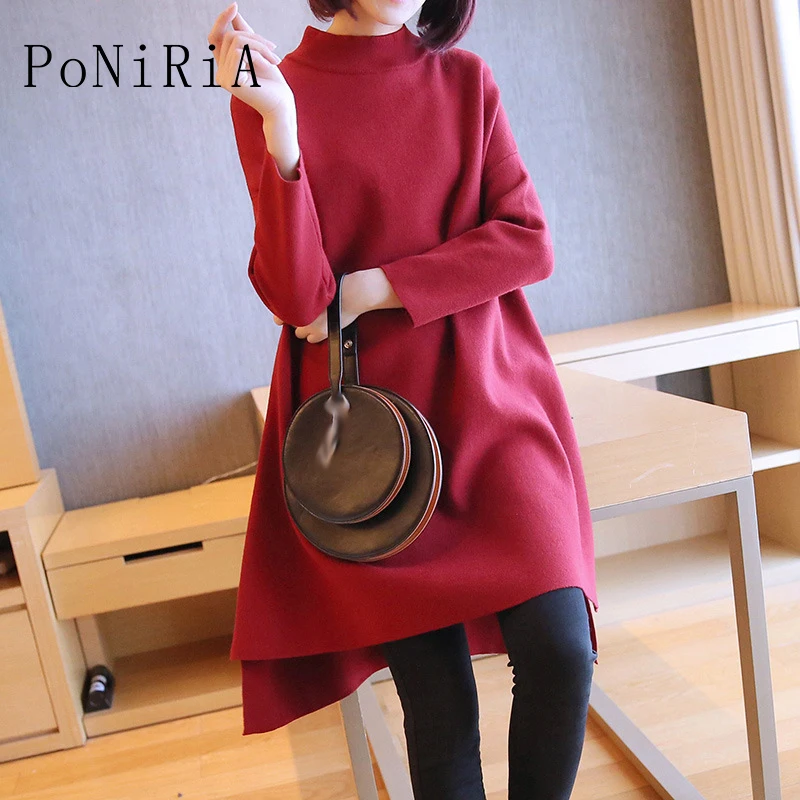 #Special Offers Thick Winter Spring brand knitted women's full sleeve sweater loose women knitting casual knitwear solid A-line knitting dress