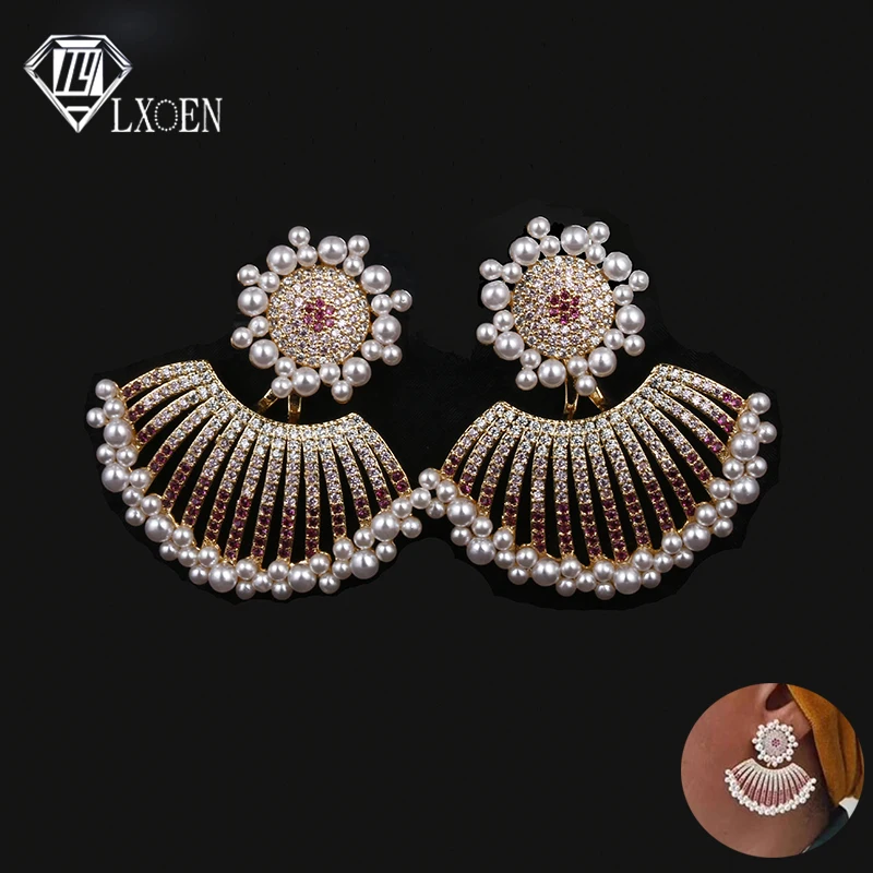 

LXOEN Luxury Round Flower Simulated Pearl Earrings For Women Silver Color Africa Red Cubic Zircon Drop Earrings Jewelry Gift