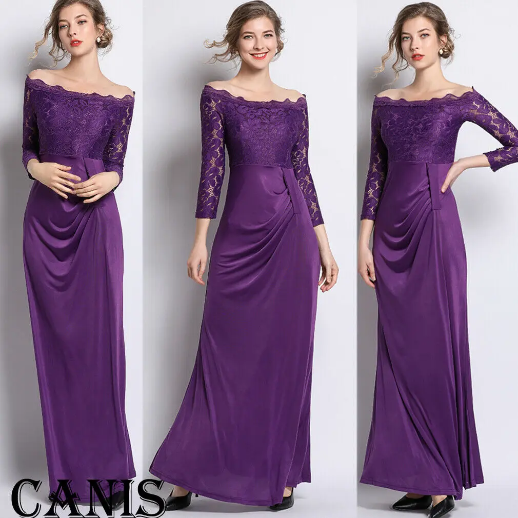 

Ladies Evening Party Formal Solid Purple Long Dresses Women Summer Sexy Off Shoulder Three Quarter Sleeve Bodycon Dress