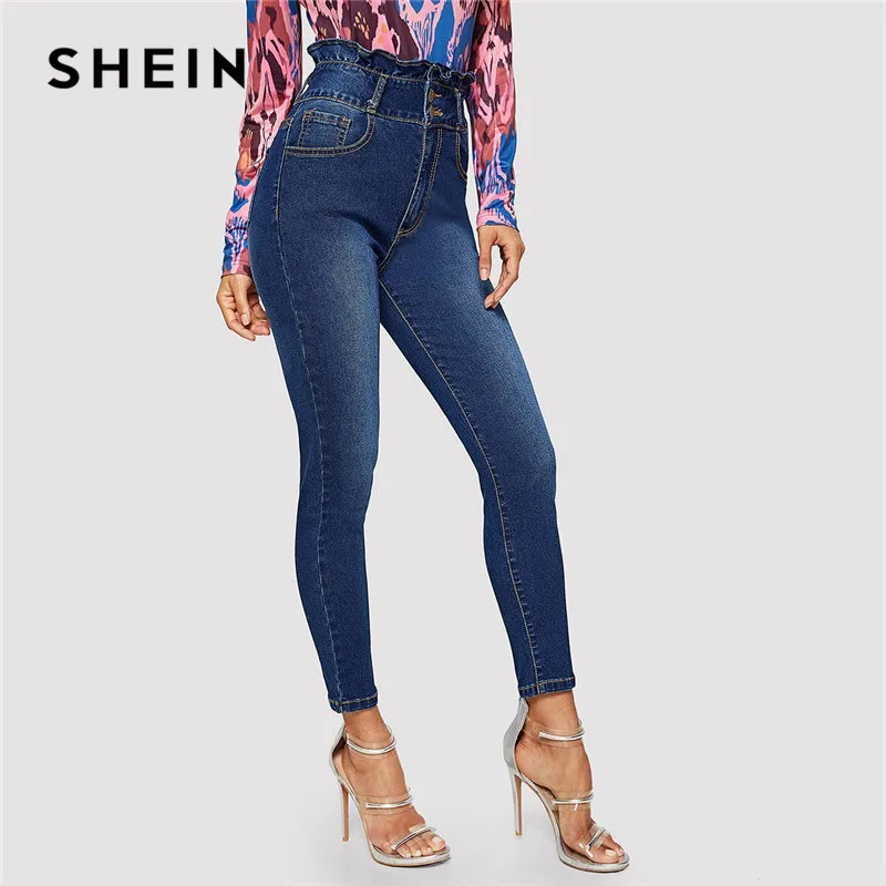 SHEIN Navy Ruffle High Waist Button Front Skinny Jeans Weekend Casual Solid Pants Summer Women 