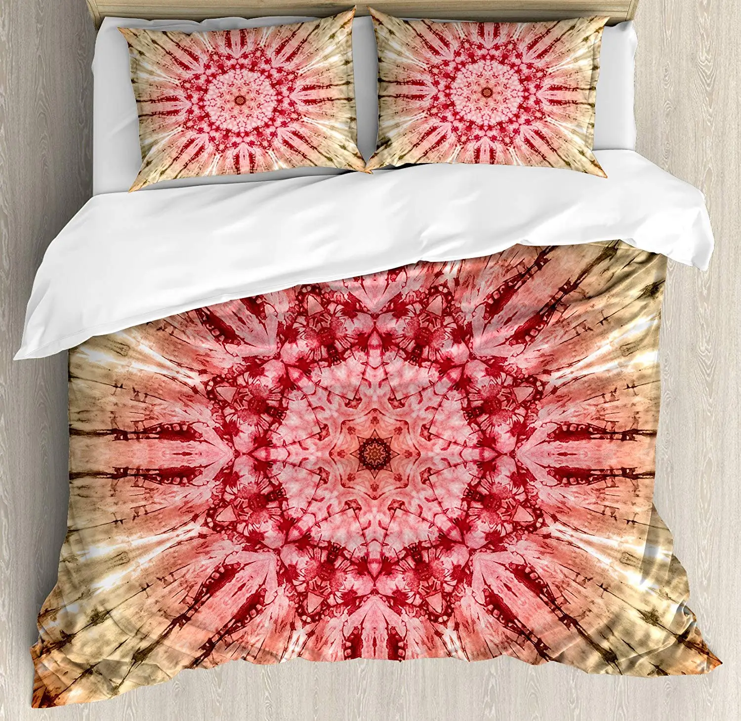 

Tie Dye Decor Duvet Cover Set Gradient Circle Batik Pattern Spectral Pleat Distressed Spots Image Bedding Set Full Red Brown