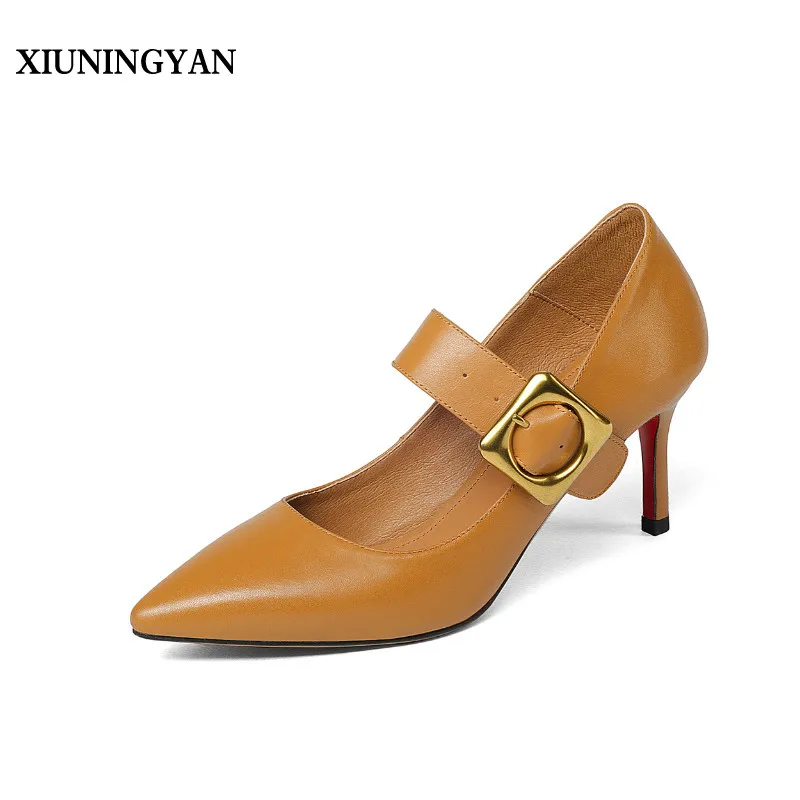 

XIUNINGYAN 2018 Spring Sweet Pointed Toe Women Mary Janes Pumps High Thick Thin Heel Cow Leather Buckle Strap Elegant Lady Shoes