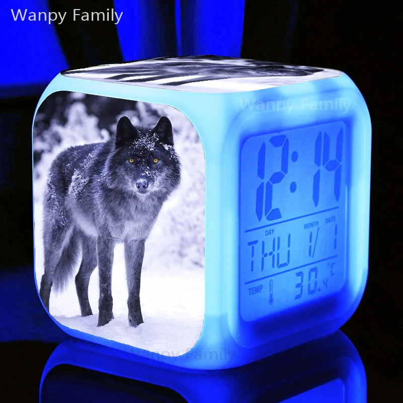 [Wanpy family] Будильник Arctic Wolf для детской комнаты, прикроватной тумбочки для спальни, настольные часы, меняющие цвет, цифровой будильник