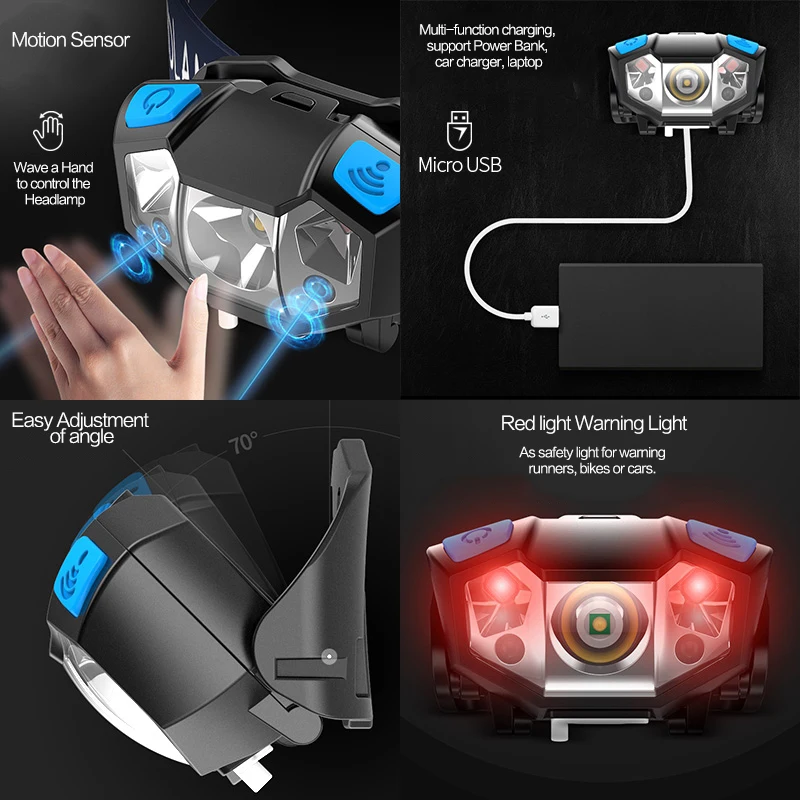 5000лм Мини светодиодный налобный фонарь, перезаряжаемый датчик движения тела, светодиодный велосипедный головной светильник, лампа для наружного кемпинга, светильник-вспышка с USB