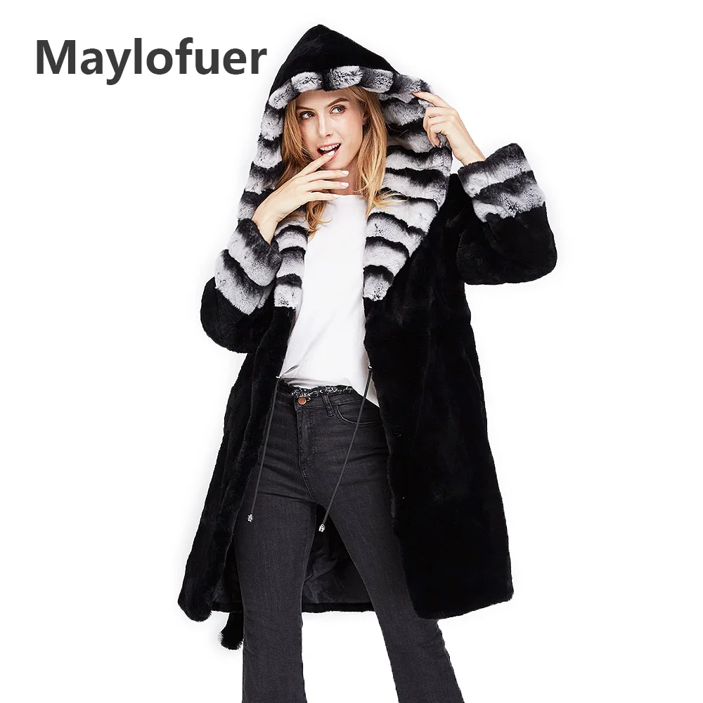 

Maylofuer Full Leather Hooded 100% Real Rex Rabbit Fur Coat Women Natural Rabbit Fur Hair Jackets for Winter Fur Coats