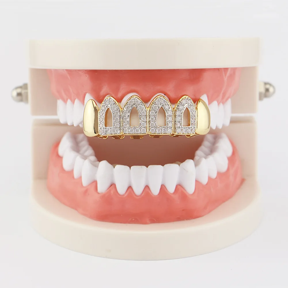 Factory Bottom Price Gold Color Teeth Grillz CZ Paved Bottom Grills Hip-hop Tooth Dental Grills US UK Popular Teeth Caps Jewelry (3)