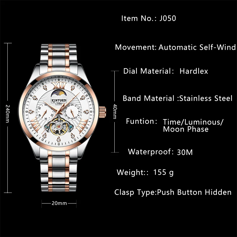 KINYUED Business Luxury Skeleton Watch Men Mechanical Stainless Steel Diamond Fashion Brand Moon Phase Watches Male Hand Hours