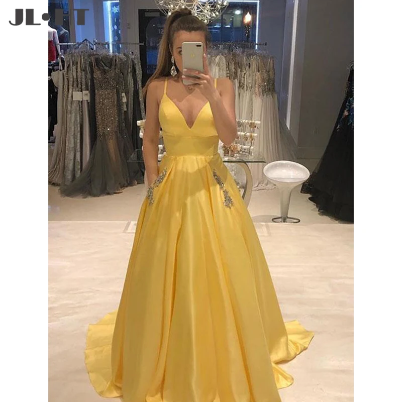 

Yellow In Stock Evening dresses V-Neck Satin Beading Pockets Straps Satin Long prom dress New Evening dress for Women
