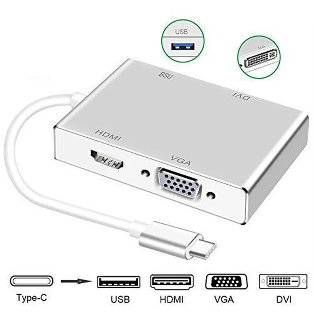 Type c для HDMI VGA DVI USB Silver 4 в 1 Мини концентратор кабель конвертер многопортовый HD