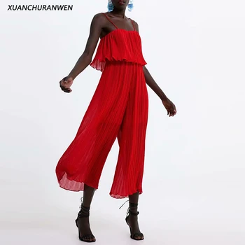 

Casual New Loose Pleated Chiffon Jumpsuits Women Spaghetti Strap Backless Straight Pants Rompers Ladies Long Jumpsuits XZ2029