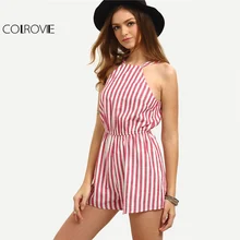 COLROVIE Sleeveless Summer Style Beach Rompers Women Jumpsuit Ladies Sexy Vertical Stripe Backless Cutaway Rompers